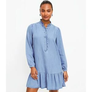LOFT NWT Chambray Ruffle Flounce Swing Dress Blue Size Large $90‎ Retail